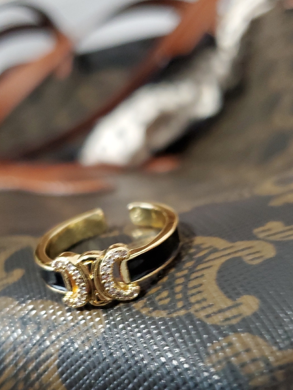 Celine Gold-Tone Ring with Black Enamel and Crystal Logo Accent Fashion Ring - Picture 2 of 5